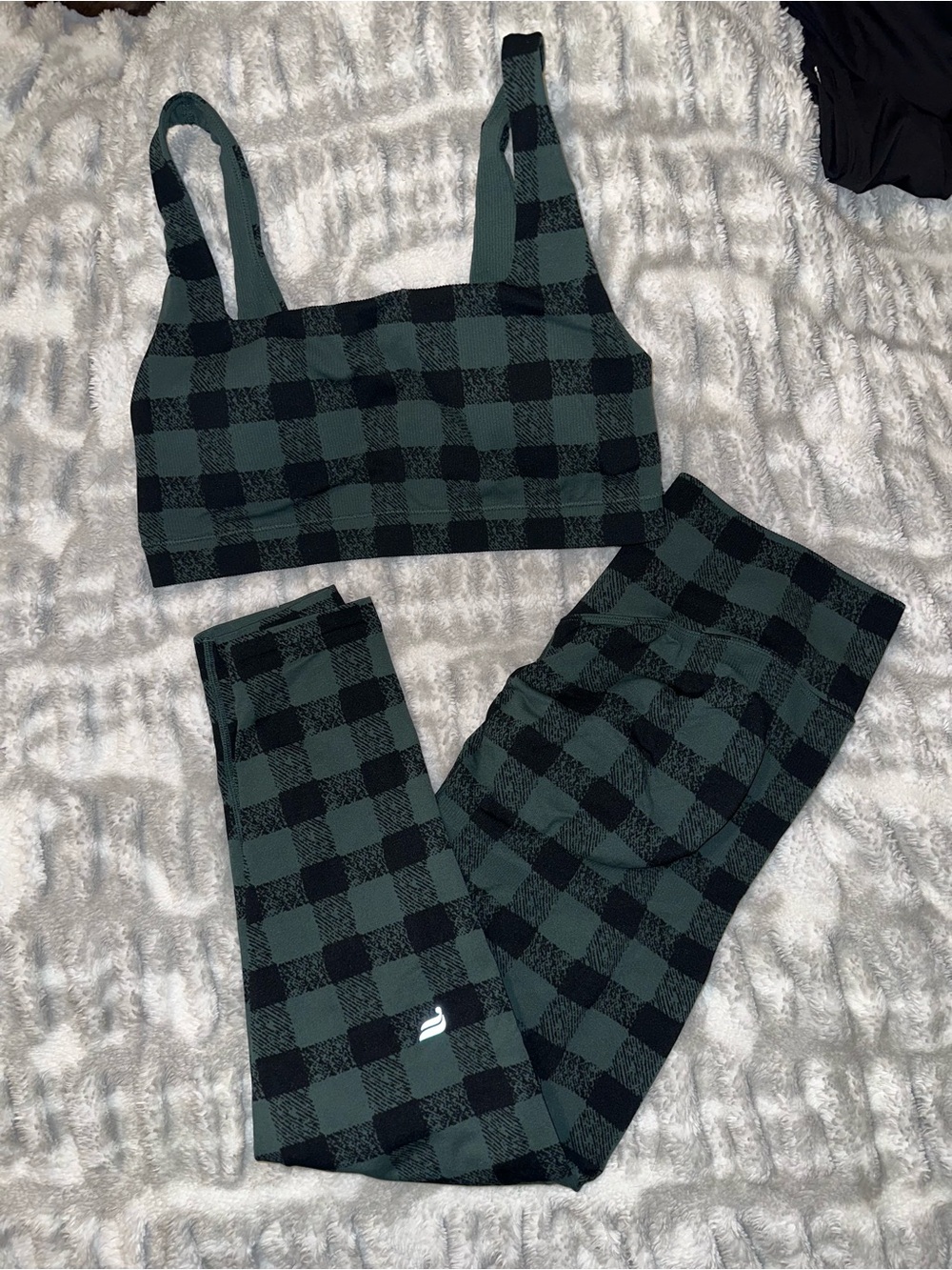 Fabletics Green and Black Buffalo Plaid Bralette & Leggings Set